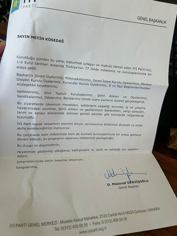 Müsavat Dervişoğlu Teşekkür Mektubu