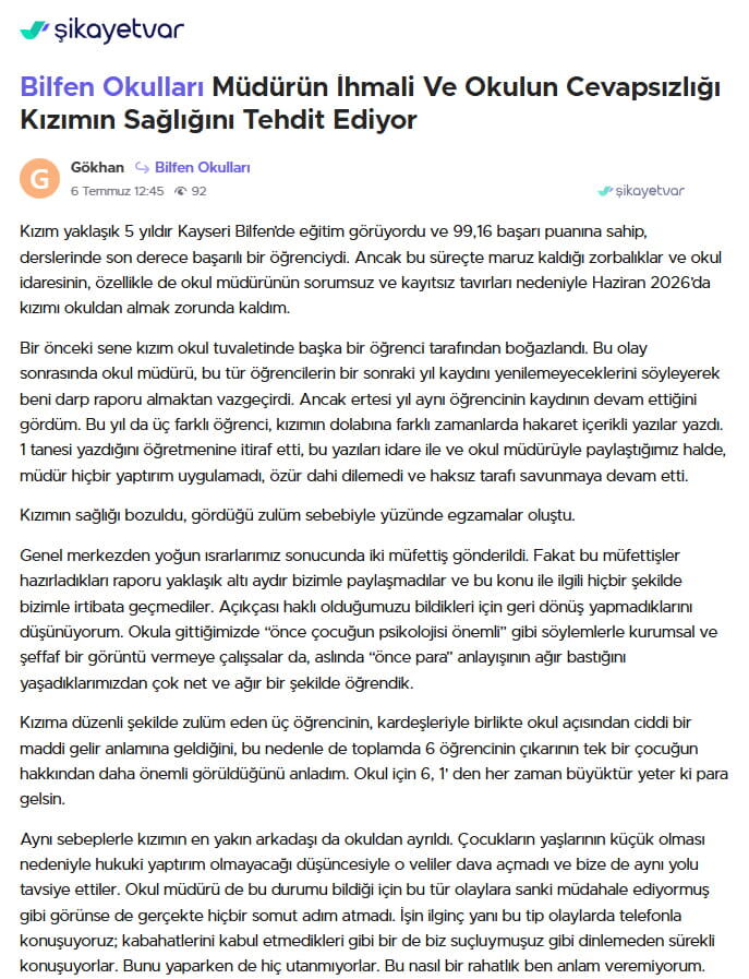 Bilfen Kayseri Şikayetvar