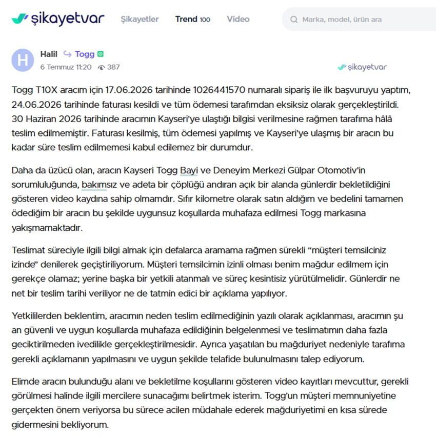 Kayseri Togg Şikayet Gülpar